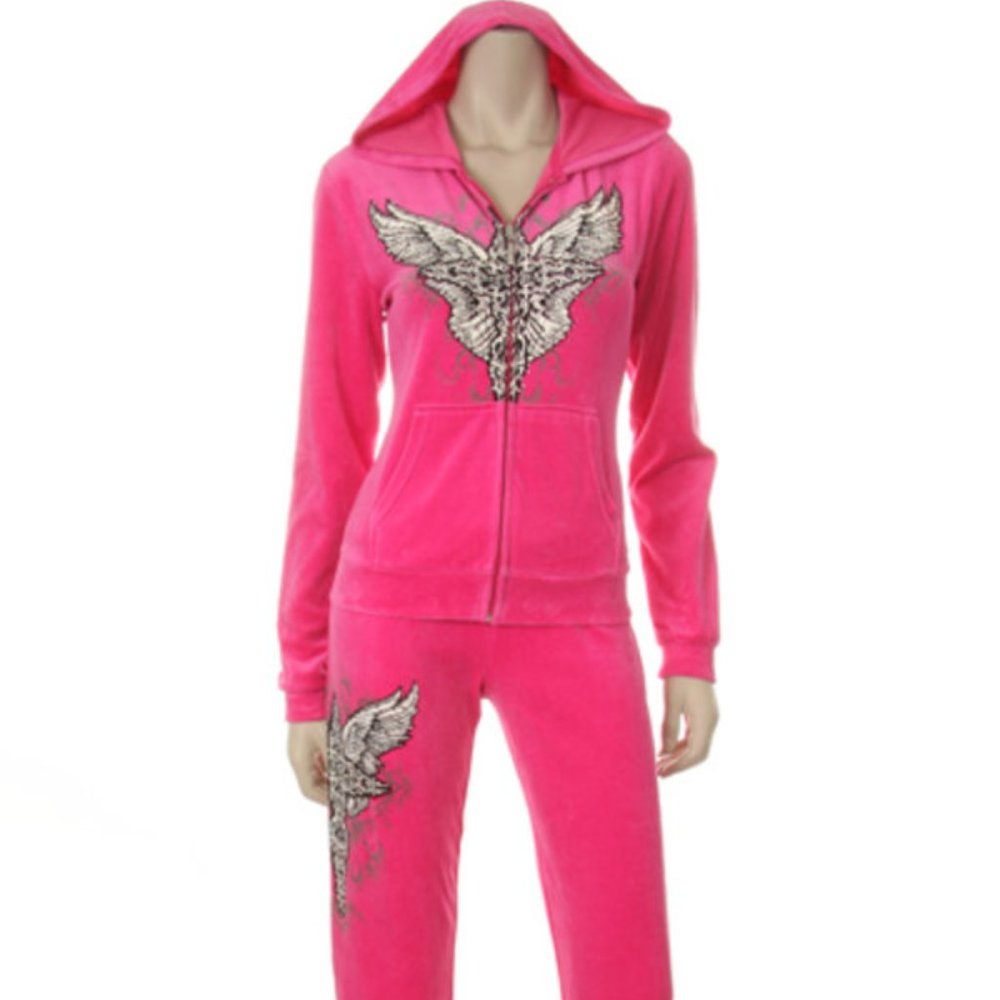 NWT Women's LA Bus Stop Velour Pink Hoodie Set Embellished in Stones & Graphics